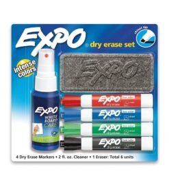 EXPO Low Odor Dry Erase Marker Starter Set. Chisel Tip. Assorted. Whiteboard Eraser. Cleaning Spray. 6 Count